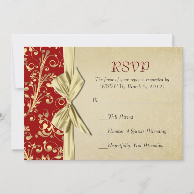 Red/Gold Christmas Ribbon Damask RSVP card (Front)