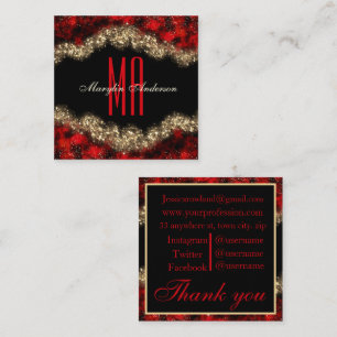 RED & GOLD CHRISTMAS SHIMMER CUSTOM MONOGRAM  SQUARE BUSINESS CARD