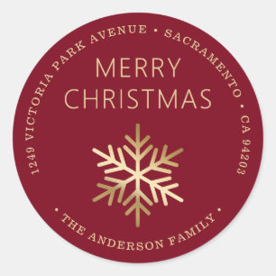 Red Gold Christmas Snowflake Return Address Classic Round Sticker