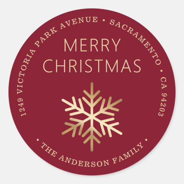 Red Gold Christmas Snowflake Return Address Classic Round Sticker (Front)