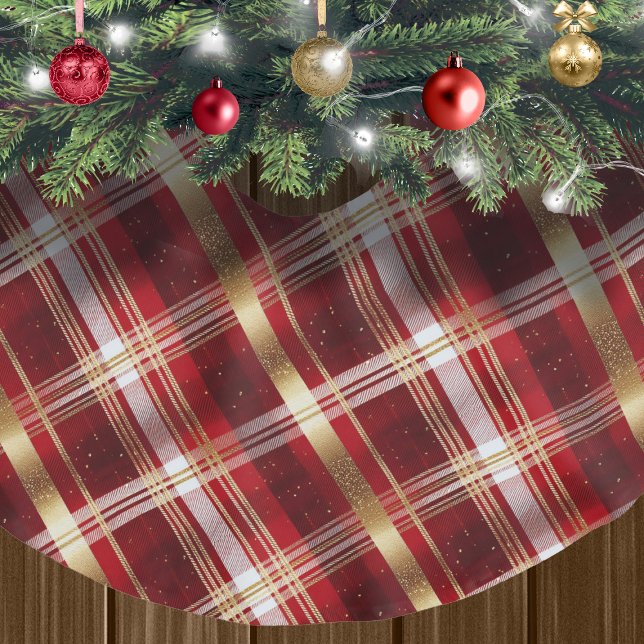Red Gold Christmas Tartan Pattern#7 ID1009 Brushed Polyester Tree Skirt (Creator Uploaded)