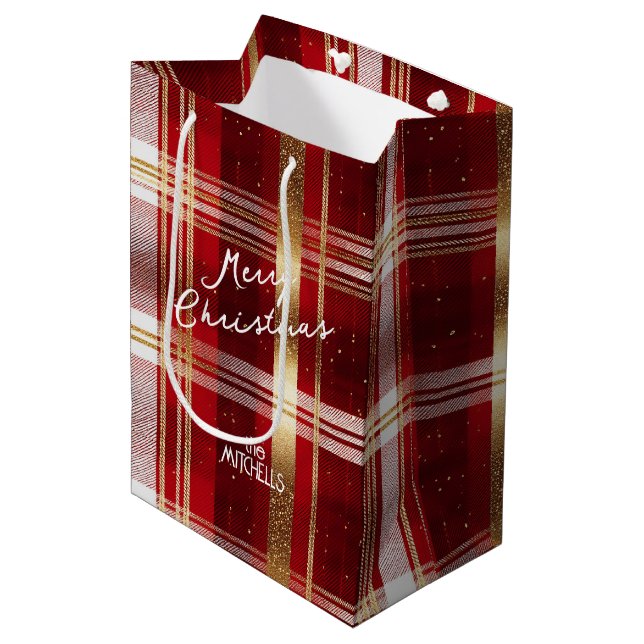 Red Gold Christmas Tartan Pattern#7 ID1009 Medium Gift Bag (Front Angled)