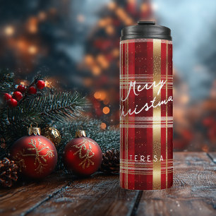 Red Gold Christmas Tartan Pattern#7 ID1009 Thermal Tumbler