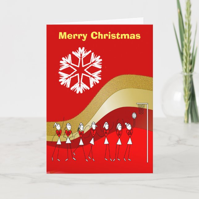 Red Gold Christmas Themed Netball Holiday Card (Front)