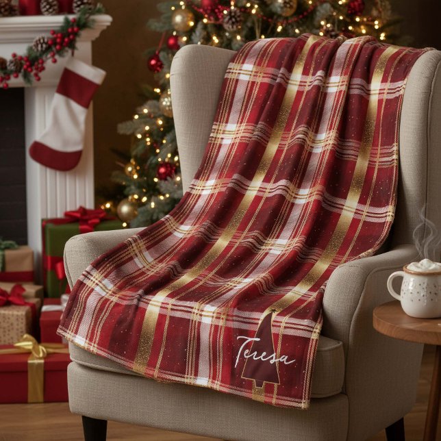 Red Gold Christmas Tree Tartan Pattern#7 ID1009 Fleece Blanket (Creator Uploaded)