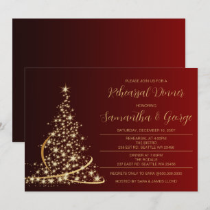 Red Gold Christmas Tree Winter Rehearsal Dinner Invitation