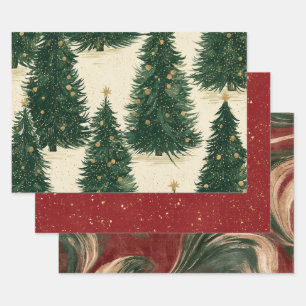 Red Gold Christmas Trees Green Burgundy Abstract Wrapping Paper Sheet