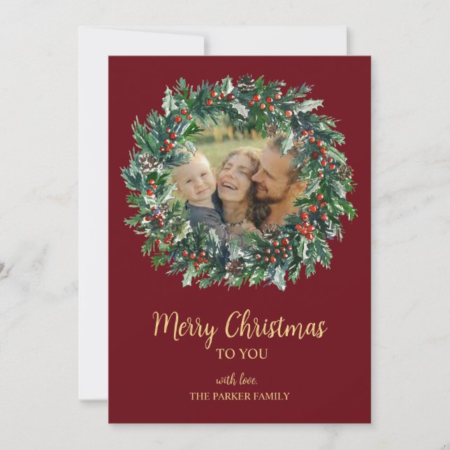 Red & Gold Christmas Wreath Holiday Card (Front)