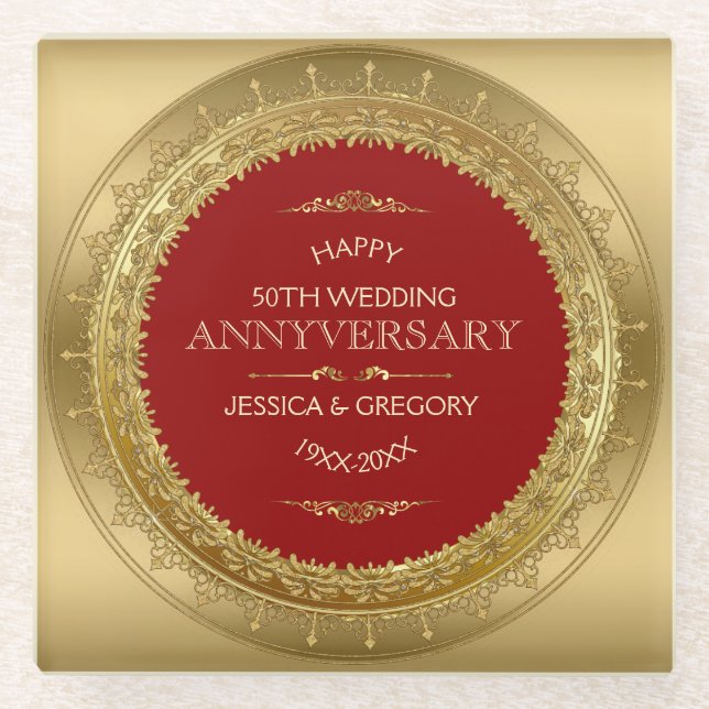 Red & Gold Circle Frame 50th Wedding Design Glass Coaster (Front)