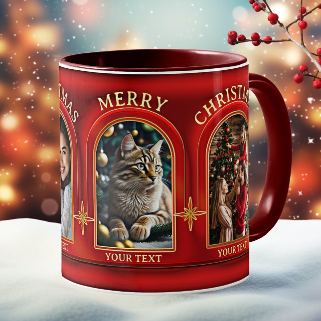 Red Gold Classic Christmas Photo Coffee Mug (Christmas mug featuring custom photos on a classic stylish red and gold design with gold snowflakes)