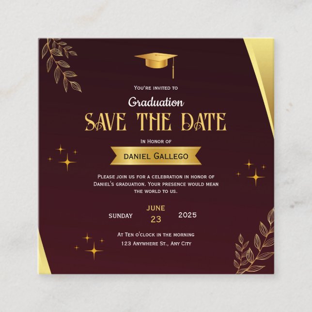 Red Gold Classy Graduation Save the Date Enclosure Card (Front)