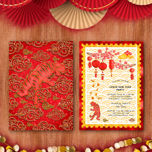 Red Gold Cloud Tiger Zodiac Chinese New Year Party Invitation