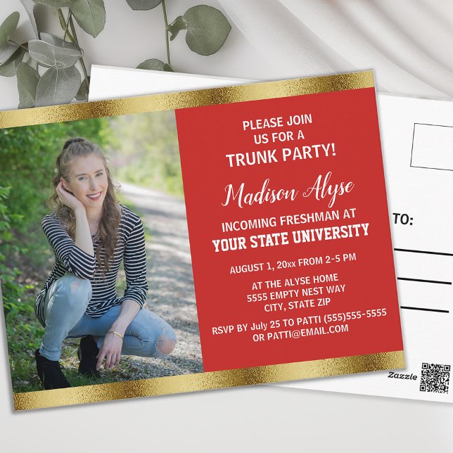 Red Gold College Trunk Graduation Party Photo Postcard (Red and gold graduation Trunk Party photo invitation)