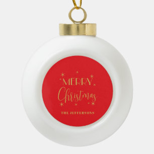 Red & Gold Colors Merry Christmas Family Name Ceramic Ball Christmas Ornament