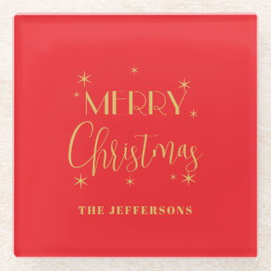 Red & Gold Colors Merry Christmas Family Name Glass Coaster