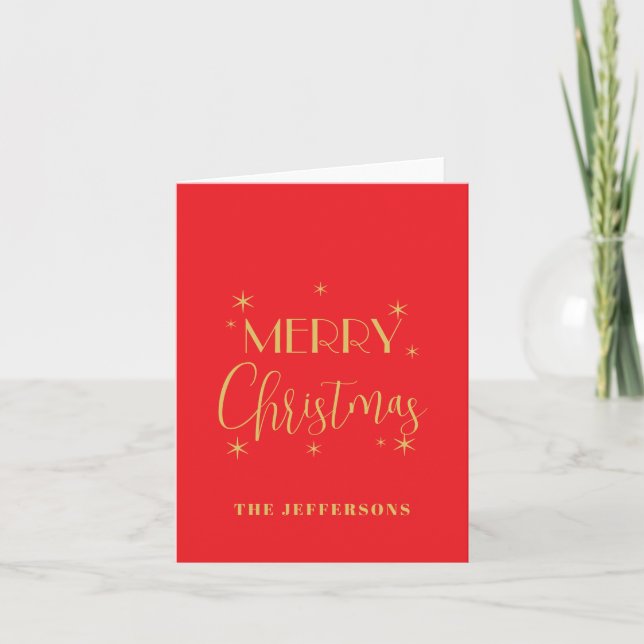 Red & Gold Colors Merry Christmas Family Name Holiday Card (Front)