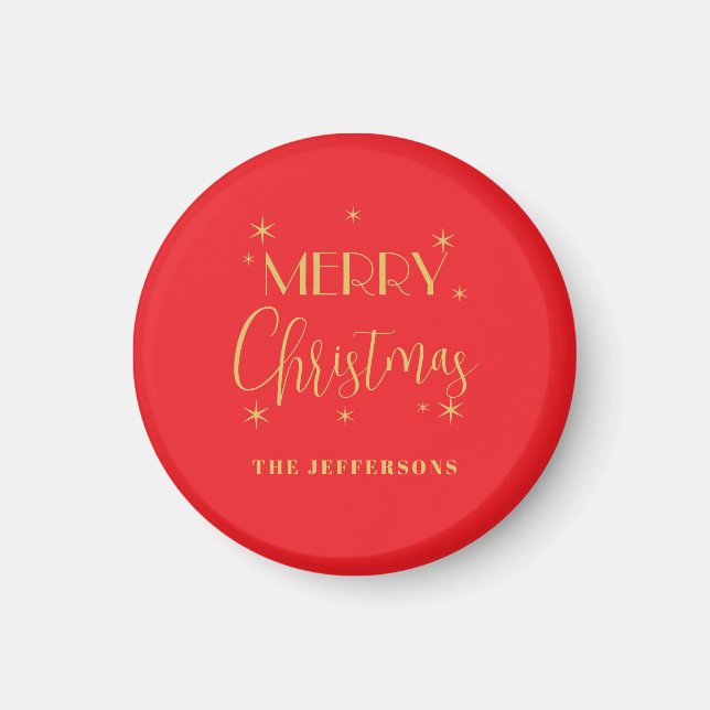 Red & Gold Colors Merry Christmas Family Name Magnet (Front)