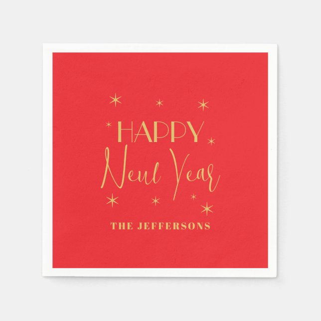 Red & Gold Colors Merry Christmas Family Name Napkin (Front)