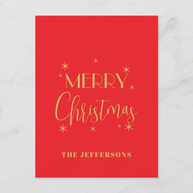 Red & Gold Colors Merry Christmas Family Name Postcard (Front)