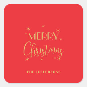 Red & Gold Colors Merry Christmas Family Name Square Sticker