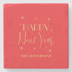 Red & Gold Colors Merry Christmas Family Name Stone Coaster
