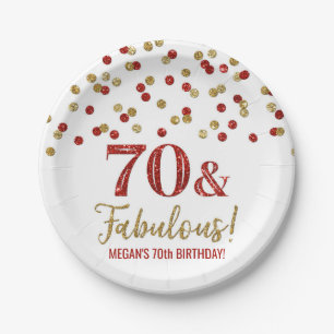 Red Gold Confetti 70 and Fabulous Birthday Paper Plate