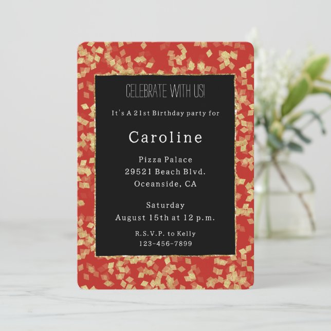 Red Gold Confetti Abstract Birthday   Invitation (Standing Front)