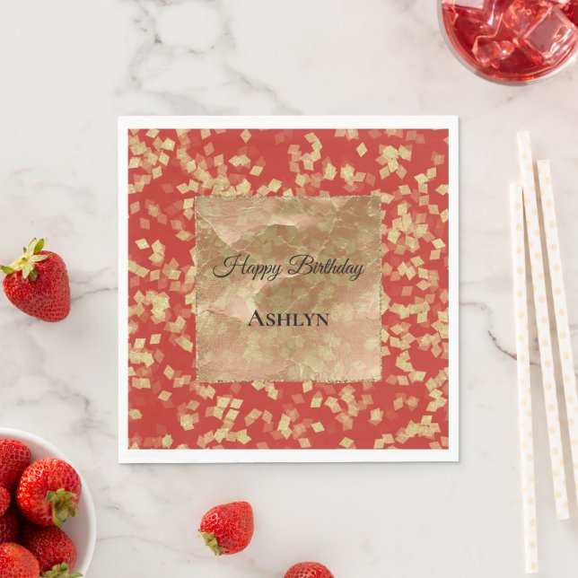 Red Gold Confetti Abstract Birthday Napkin (Insitu)