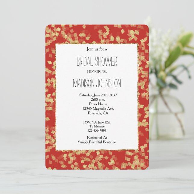 Red Gold Confetti Abstract Bridal Shower Invitation (Standing Front)