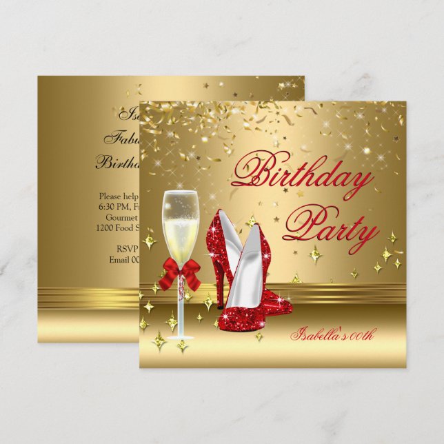 Red Gold Confetti Champagne Heels Birthday Party 2 Invitation (Front/Back)