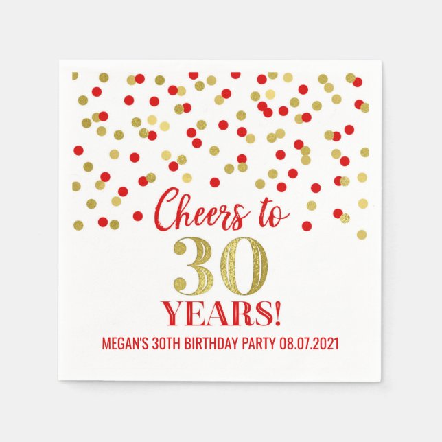 Red Gold Confetti Cheers to 30 Years Birthday Napkin (Front)