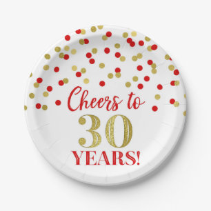 Red Gold Confetti Cheers to 30 Years Birthday Paper Plate