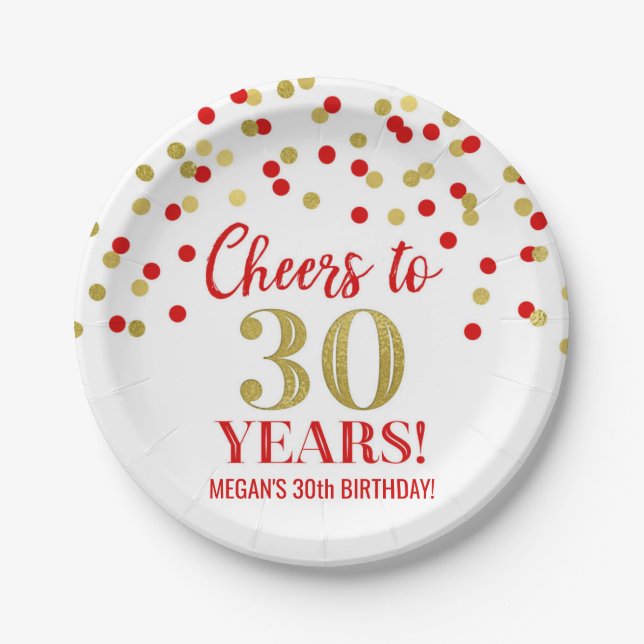 Red Gold Confetti Cheers to 30 Years Birthday Paper Plate (Front)