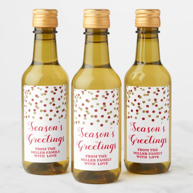 Red Gold Confetti Christmas Season's Greetings Wine Label (Bottles)