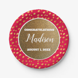 Red Gold Confetti Graduation College Trunk Party Paper Plate
