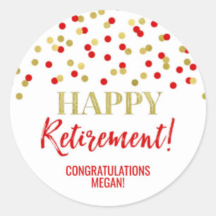 Red Gold Confetti Happy Retirement Classic Round Sticker
