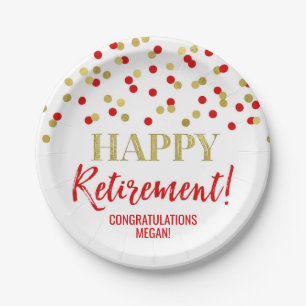 Red Gold Confetti Happy Retirement Paper Plate