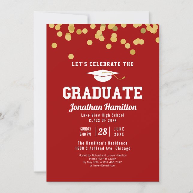 Red Gold Confetti High School Graduation Party Invitation (Front)