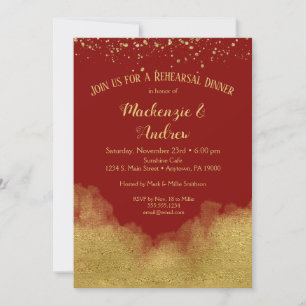 Red Gold Confetti Rehearsal Dinner Invitation