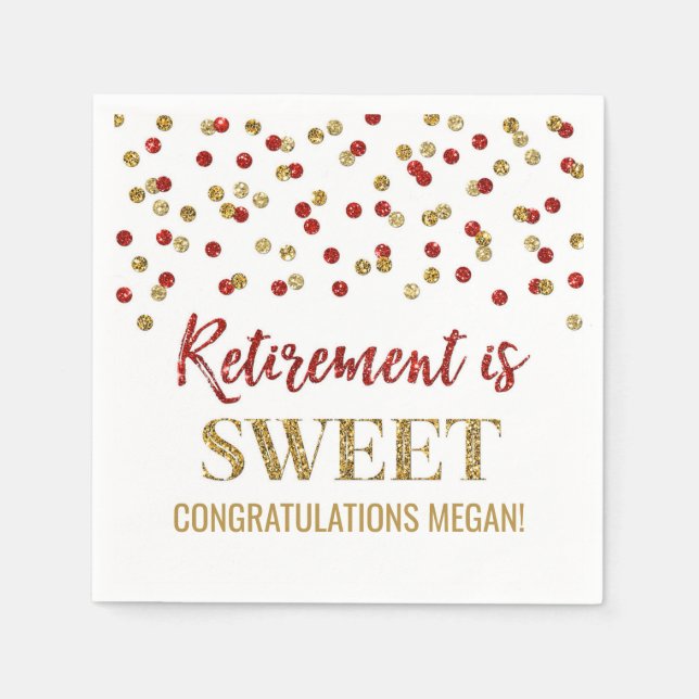 Red Gold Confetti Retirement is Sweet Napkin (Front)