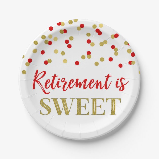 Red Gold Confetti Retirement is Sweet Paper Plate (Front)