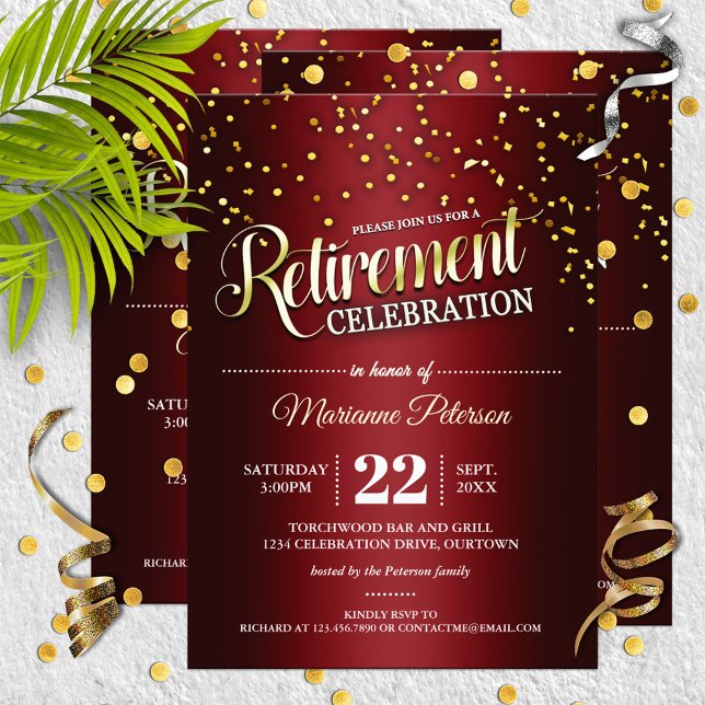 Red|Gold Confetti Retirement Party Invitations (Creator Uploaded)