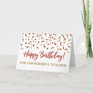 Red Gold Confetti Teacher Birthday Card