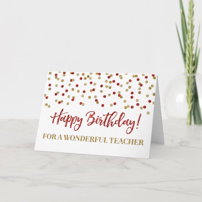Red Gold Confetti Teacher Birthday Card (Front)
