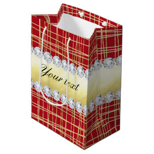 Red Gold Crisscross Lines and Diamonds Medium Gift Bag