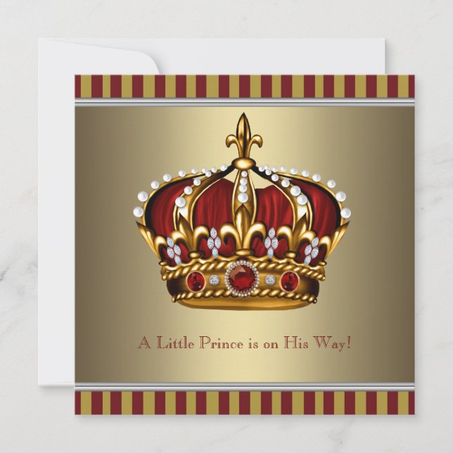 Red Gold Crown Little Prince Boy Baby Shower Invitation (Front)