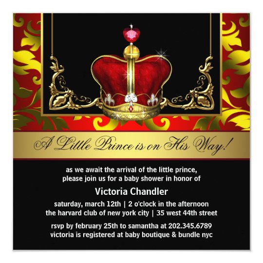 Red Gold Crown Prince Baby Shower Invitations