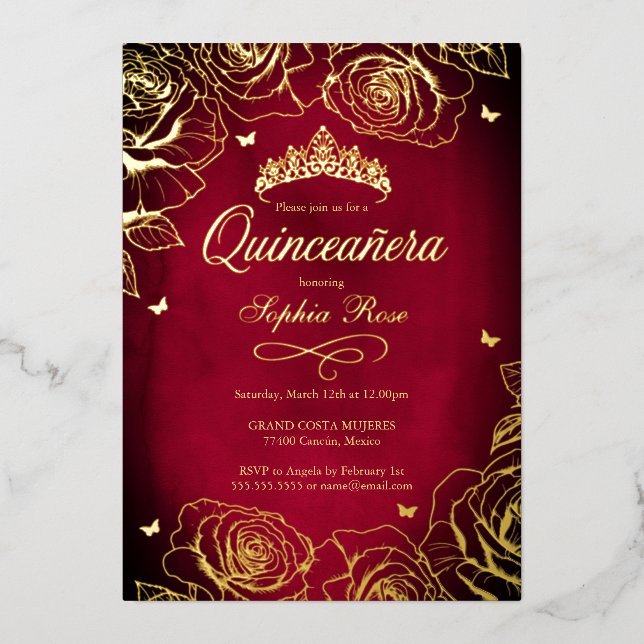 Red Gold Crown Roses Theme Quinceanera  (Front)