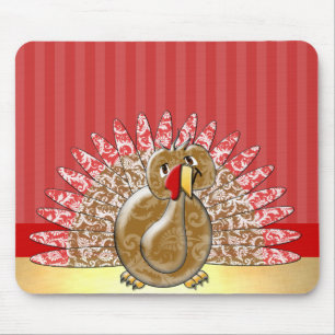 Red Gold Cute Cartoon Turkey Damask Pattern Mouse Mat