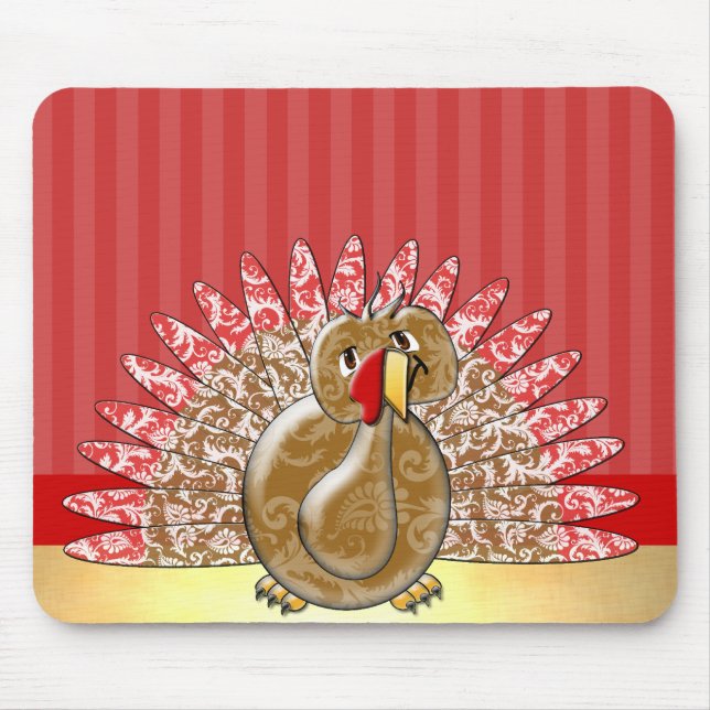 Red Gold Cute Cartoon Turkey Damask Pattern Mouse Mat (Front)